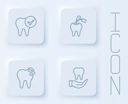 Set line Tooth, with caries and drill, Broken tooth and . White square button Stock Illustration