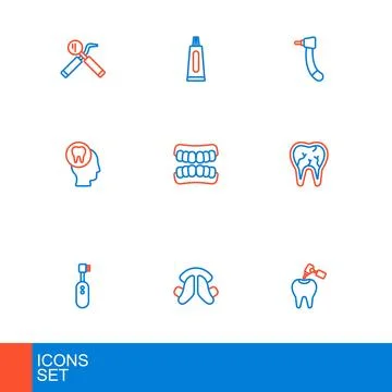 Set line Tooth with caries and drill, Dental tooth plate, Electric toothbru.. Stockillustratie
