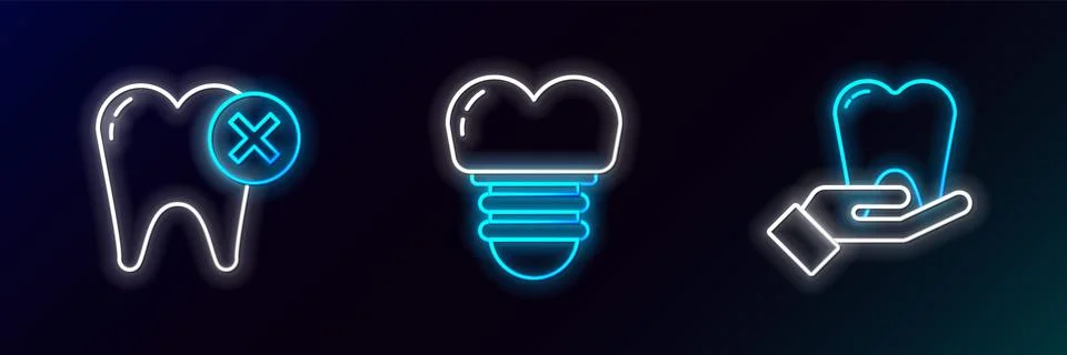 Set line Tooth, with caries and Dental implant icon. Glowing neon. Vector Stock Illustration