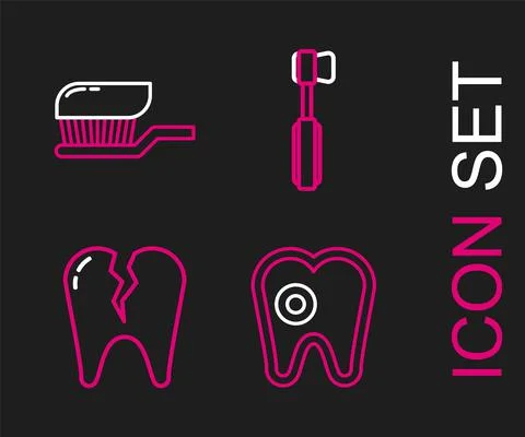 Set line Tooth with caries, Broken tooth, Toothbrush and toothpaste icon. Vector 스톡 일러스트