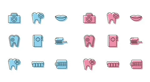 Set line Tooth with caries, Dentures model, First aid kit, Clipboard dental.. Stock Illustration