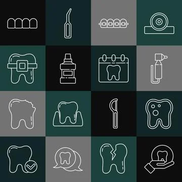 Set line Tooth, with caries, drill, Teeth braces, Mouthwash bottle, Dentures Stockillustratie