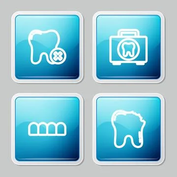 Set line Tooth with caries, First aid kit, Dentures model and Broken tooth icon Stock Illustration