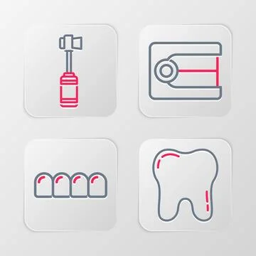 Set line Tooth, Dentures model, and Toothbrush icon. Vector Stock Illustration
