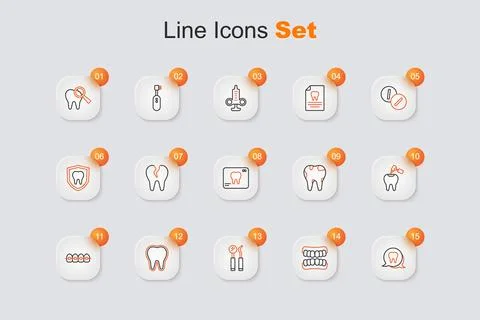 Set line Tooth, Dentures model, Dental mirror and probe, Teeth with braces,.. Stock Illustration