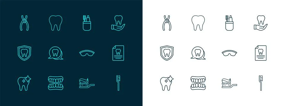 Set line Tooth, Dentures model, Safety goggle glasses, Toothbrush with toot.. 스톡 일러스트