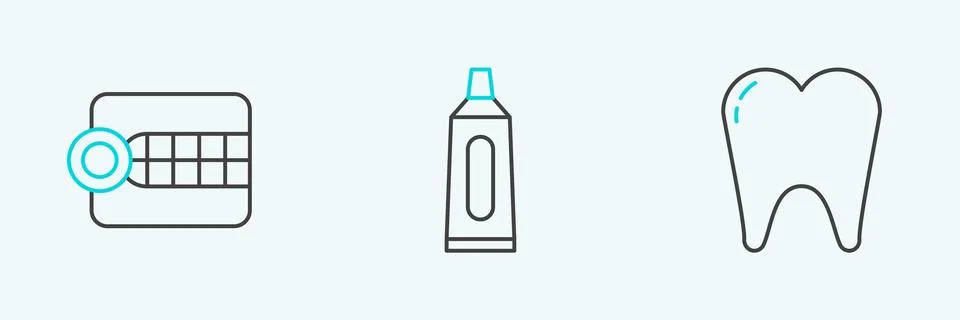 Set line Tooth, Dentures model and Tube of toothpaste icon. Vector 스톡 일러스트