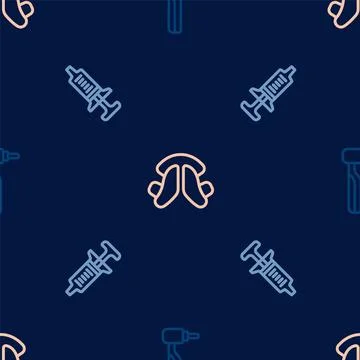 Set line Tooth drill, Syringe and Dental tooth plate on seamless pattern. Vector Illustrazione stock