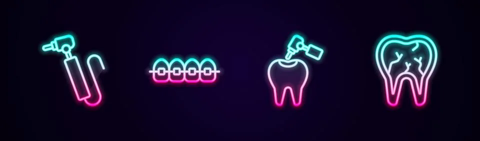 Set line Tooth drill, Teeth with braces, caries and and Broken tooth. Glowing Stockillustratie