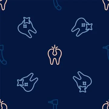 Set line Tooth drill, whitening and Broken tooth on seamless pattern. Vector Stock Illustration