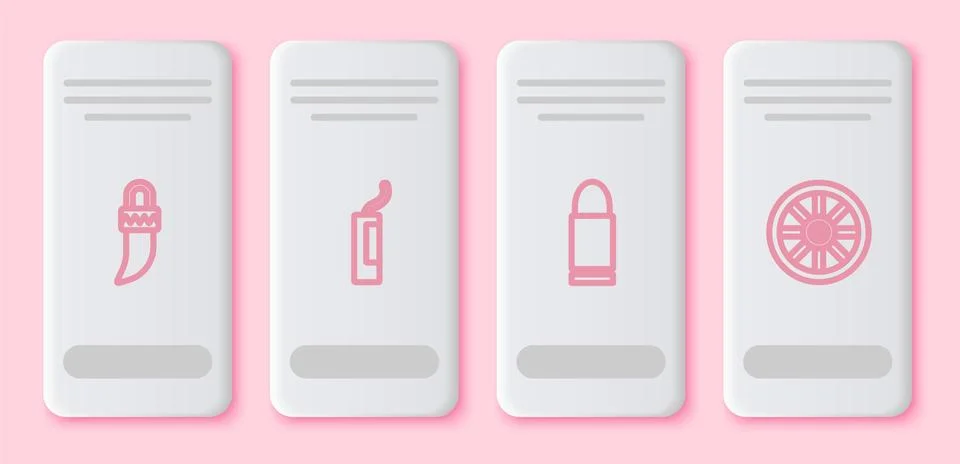Set line Tooth, Dynamite bomb, Bullet and Old wooden wheel. White rectangle Illustrazione stock