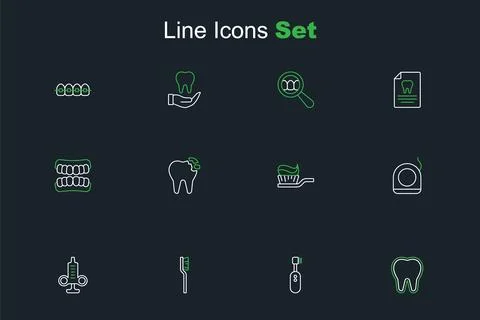 Set line Tooth, Electric toothbrush, Toothbrush, Syringe, Dental floss, wit.. Illustrazione stock