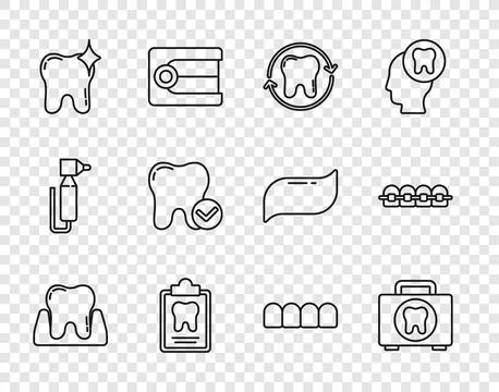 Set line Tooth, First aid kit, whitening, Dental card, concept, Dentures model Stock Illustration