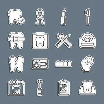 Set line Tooth, Human head with tooth, Dental floss, explorer scaler, X-ray of Stock Illustration