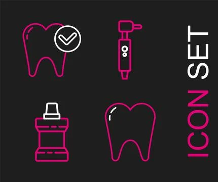 Set line Tooth, Mouthwash plastic bottle, drill and whitening concept icon... Stock Illustration