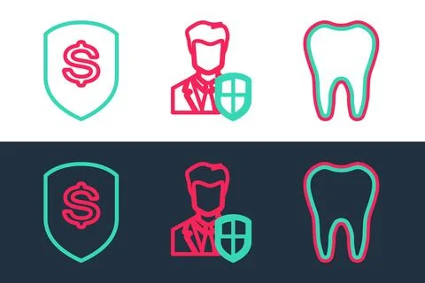 Set line Tooth, Shield and dollar and User protection icon. Vector Illustrazione stock