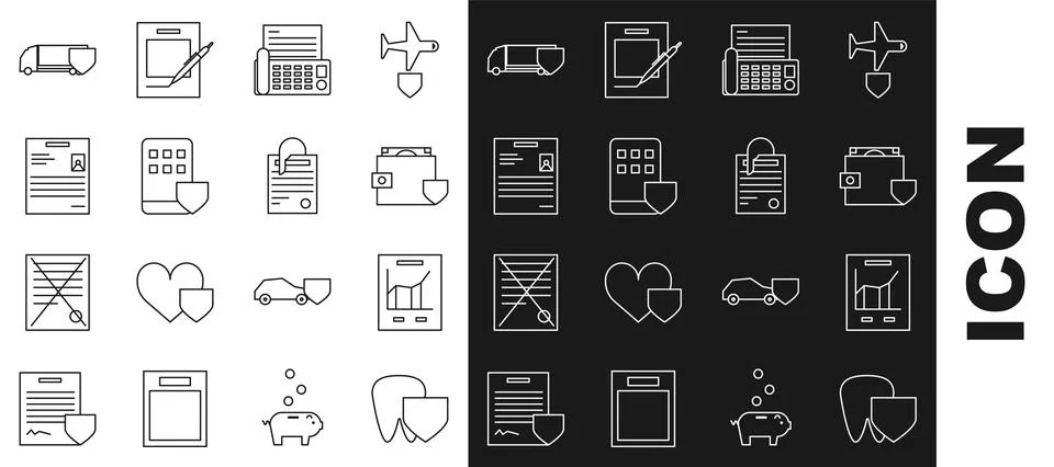 Set line Tooth with shield, Document graph chart, Wallet and money, Fax mac.. Stock Illustration