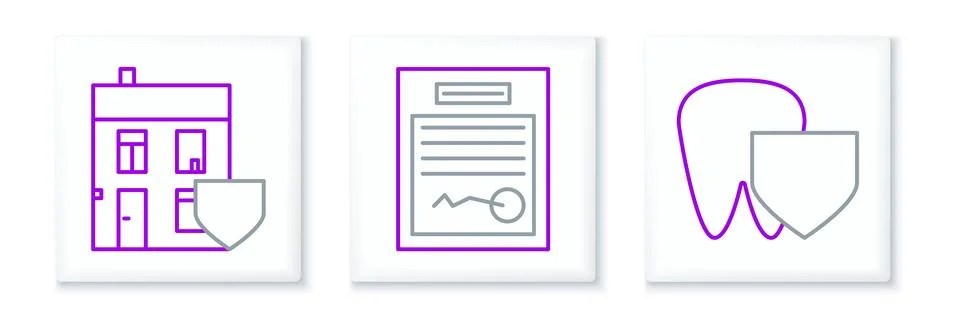 Set line Tooth with shield, House and Filled form icon. Vector Stock Illustration