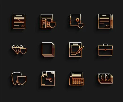 Set line Tooth with shield, Ordered envelope, Delete file document, Fax mac.. Illustrazione stock
