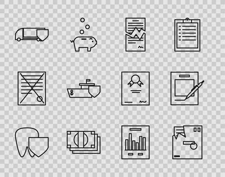 Set line Tooth with shield, Ordered envelope, Torn contract, Stacks paper m.. Stock Illustration