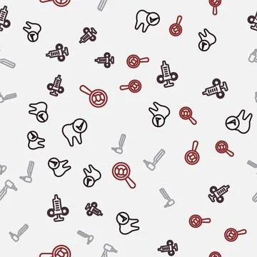 Set line Tooth, Syringe, drill and Dental search on seamless pattern. Vector Stock Illustration