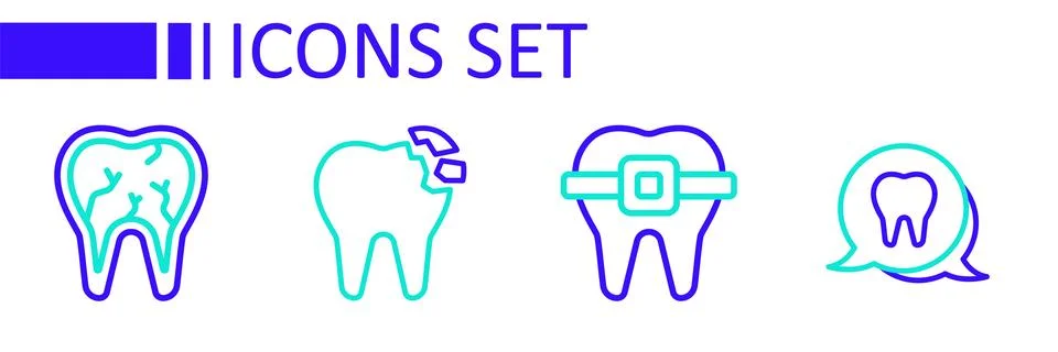 Set line Tooth, Teeth with braces, Broken tooth and  icon. Vector Stock Illustration