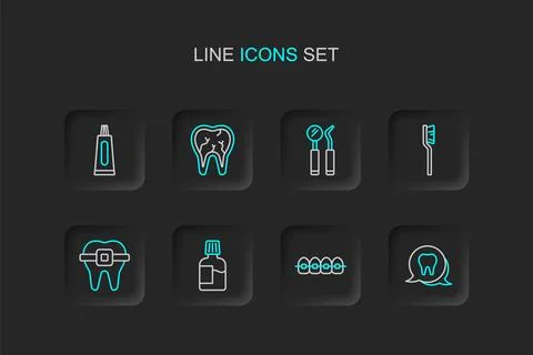 Set line Tooth, Teeth with braces, Mouthwash, Toothbrush, Dental mirror and.. Illustrazione stock