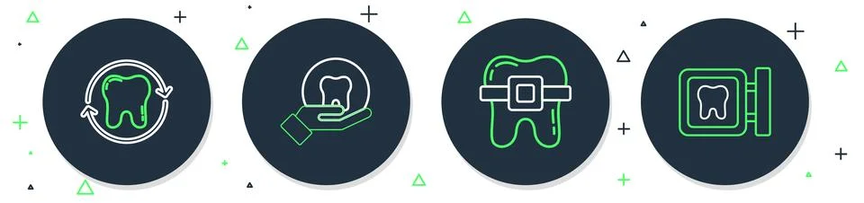 Set line Tooth, Teeth with braces, whitening and Dental clinic location ico.. 스톡 일러스트