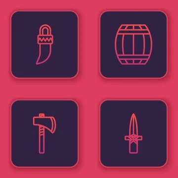 Set line Tooth, Tomahawk axe, Gun powder barrel and Dagger. Blue square button Stock Illustration