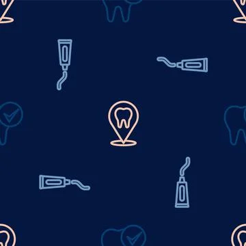 Set line Tooth, Tube of toothpaste and Dental clinic location on seamless Stock Illustration