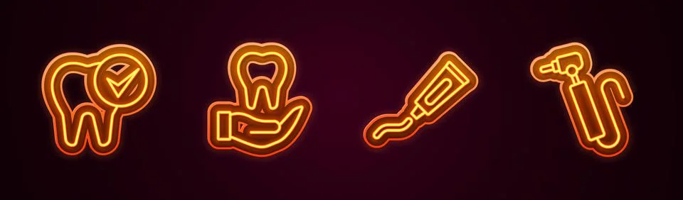 Set line Tooth, Tube of toothpaste and drill. Glowing neon icon. Vector Illustrazione stock