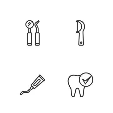 Set line Tooth, Tube of toothpaste, Dental mirror and probe and floss icon. V 스톡 일러스트
