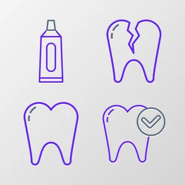 Set line Tooth whitening concept, Broken tooth and Tube of toothpaste icon. V 스톡 일러스트