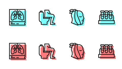 Set line Toothache, Lungs x-ray, Constipation and Test tube with blood icon Stock Illustration