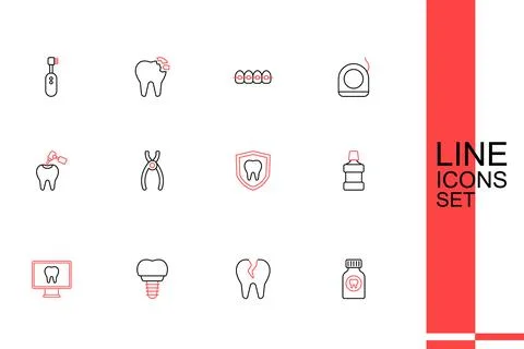 Set line Toothache painkiller tablet, Broken tooth, Dental implant, Online .. Stock Illustration