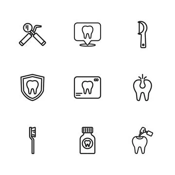 Set line Toothache painkiller tablet, Broken tooth, with caries and drill, .. Stock Illustration