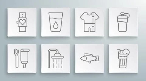 Set line Toothbrush and toothpaste, Glass with water, Shower head, Fish, Fresh Stock Illustration