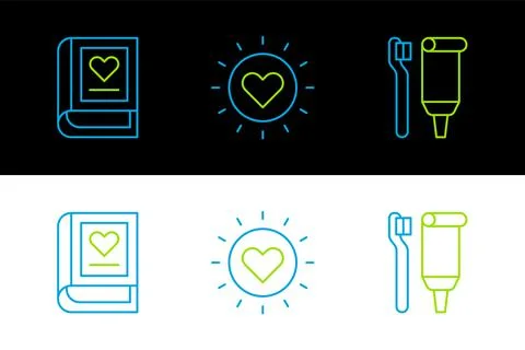 Set line Toothbrush and toothpaste, Medical book and Sun icon. Vector 库存插图