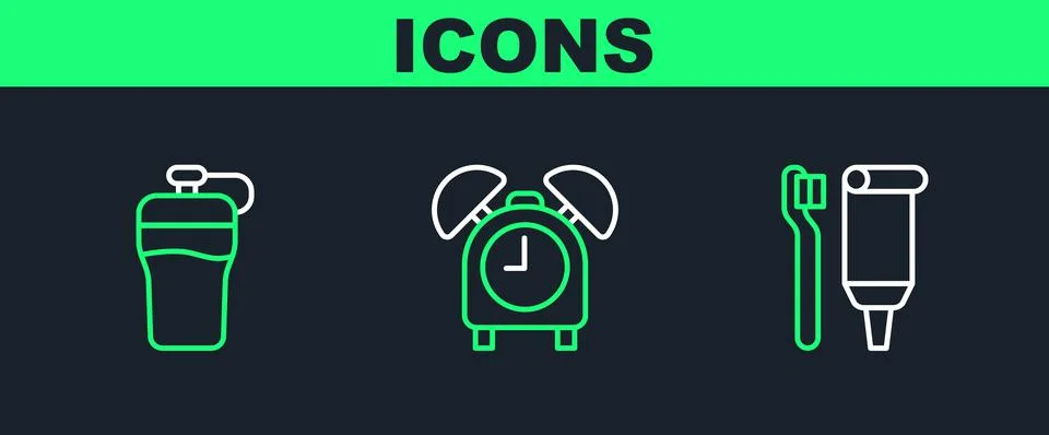 Set line Toothbrush and toothpaste, Fitness shaker and Alarm clock icon. Vector 스톡 일러스트