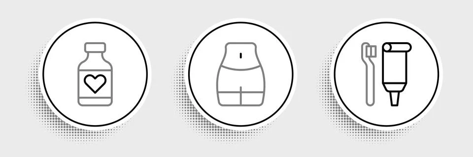 Set line Toothbrush and toothpaste, Vitamin pill and Women waist icon. Vector Ilustración de archivo