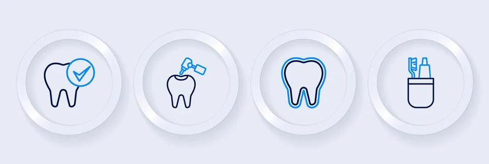 Set line Toothbrush and toothpaste, with caries drill and  icon. Vector Stock Illustration