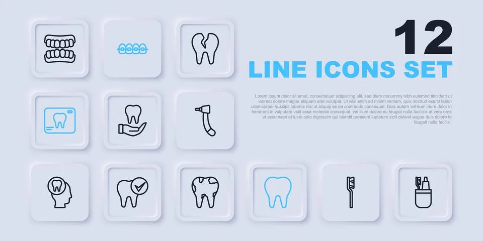 Set line Toothbrush, and toothpaste, X-ray of, Teeth with braces and Broken.. Stock Illustration