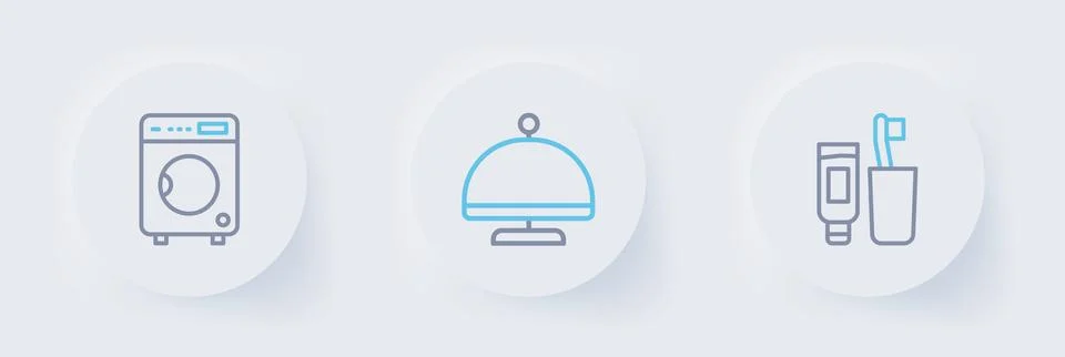 Set line Toothbrush and toothpaste, Covered with tray and Washer icon. Vector Stock Illustration