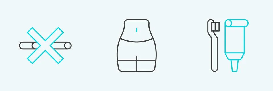 Set line Toothbrush and toothpaste, No Smoking and Women waist icon. Vector Stock Illustration