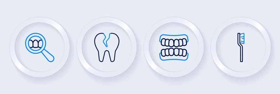 Set line Toothbrush, Dentures model, Broken tooth and Dental search icon. V.. 스톡 일러스트