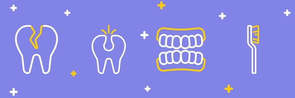 Set line Toothbrush, Dentures model, Broken tooth and  icon. Vector 스톡 일러스트