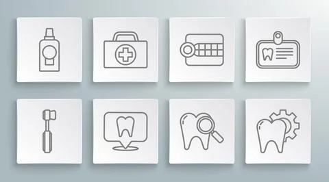 Set line Toothbrush, First aid kit, Dental clinic location, search, treatment Stock Illustration
