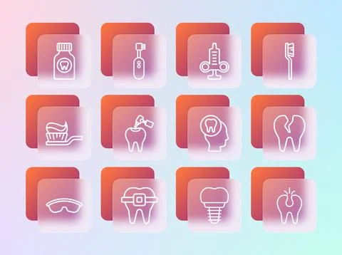 Set line Toothbrush, Teeth with braces, Toothache, Dental implant, caries a.. Stock Illustration