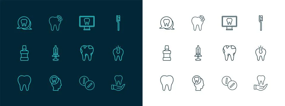 Set line Toothbrush, Toothache, Broken tooth, painkiller tablet, Syringe, O.. Stock Illustration