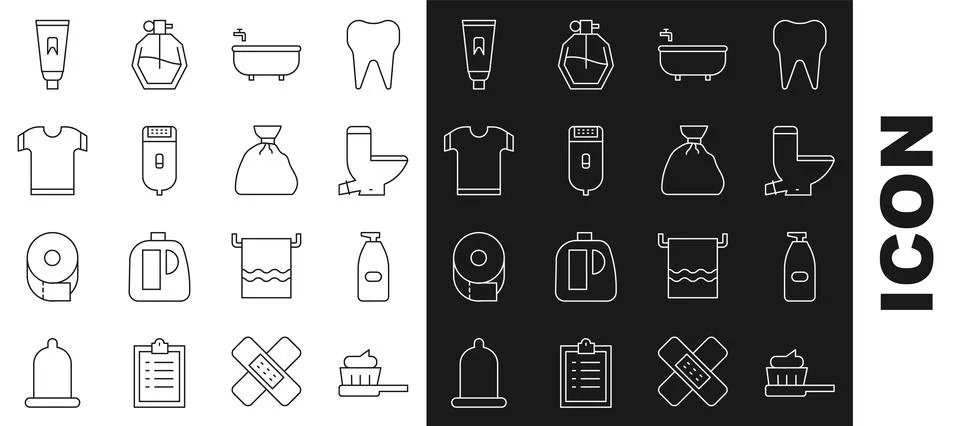 Set line Toothbrush with toothpaste, Bottle of liquid antibacterial soap, Toilet Stock Illustration